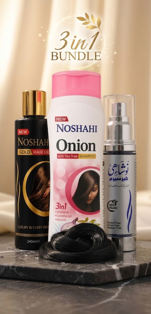Noshahi 3-in-1 Hair Care Bundle (Gold Hair Oil, Onion Shampoo & Hair Serum)